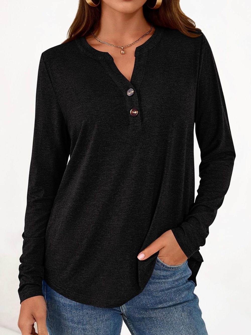Women's Black Long Sleeve Henley Top - Timeless Comfort